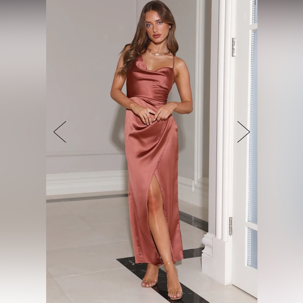 NWT Maxi Satin Dress. Color Chocolate. Fall color dress for upcoming events